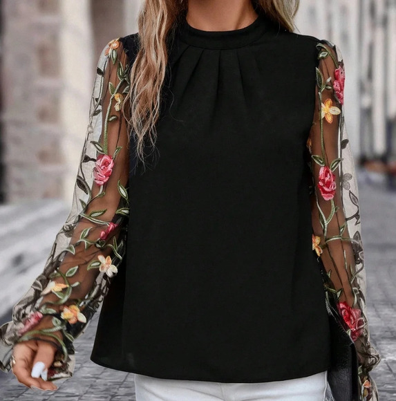 Floral Embroidery Mesh Flounce Sleeve Mock Neck Blouse - Picture 2 of 5